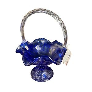 Vintage Fenton Cobalt Blue Carnival Glass Basket Ruffled Butterfly Floral Twist